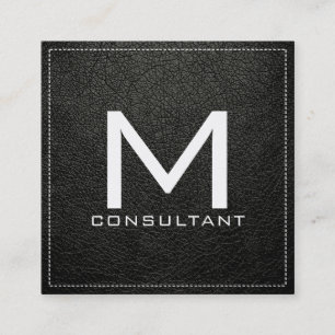 Monogram Elegant Modern Black Olive Leather Square Business Card
