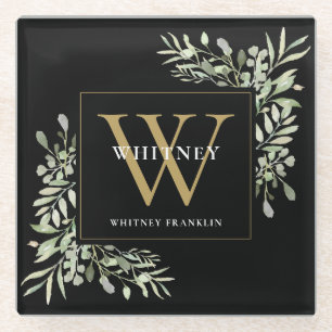 Monogram Elegant Modern Greenery Black Gold Glass Coaster