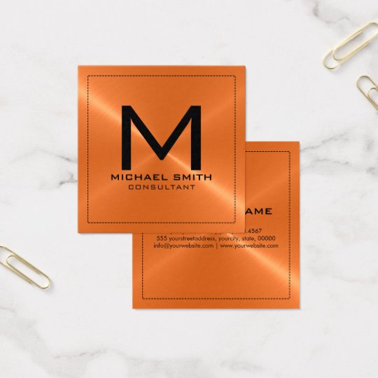 Monogram Elegant Modern Orange Stainless Metal Square Business Card