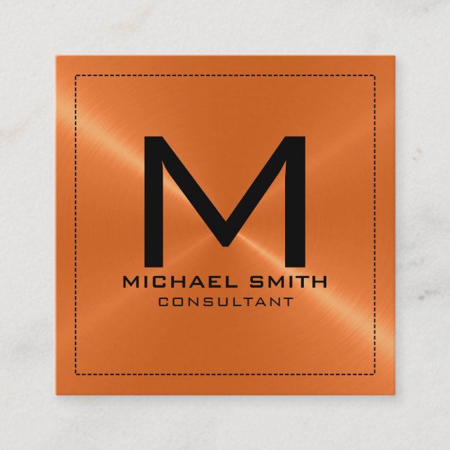 Monogram Elegant Modern Orange Stainless Metal Square Business Card (Front)