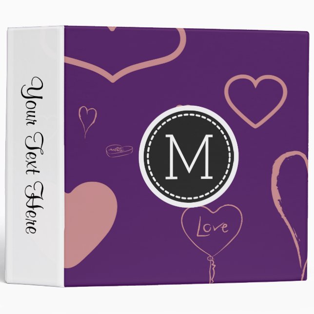 Monogram Elegant Modern Purple Pink Heart Pattern Binder (Front/Spine)