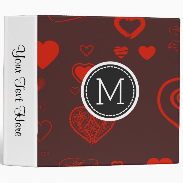 Monogram Elegant Modern Red Heart Pattern Binder (Front/Spine)