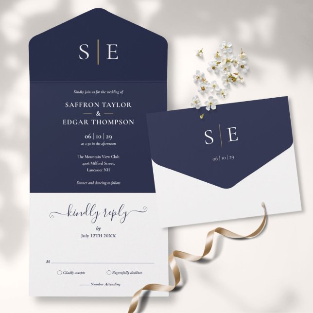 Monogram Elegant Navy Blue And Gold Wedding All In One Invitation (Monogram Elegant Navy Blue And Gold Wedding All In One Invitation)