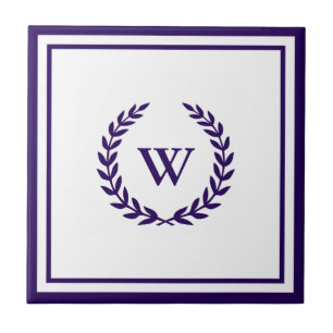 Monogram Elegant Navy Blue White Ceramic Tile