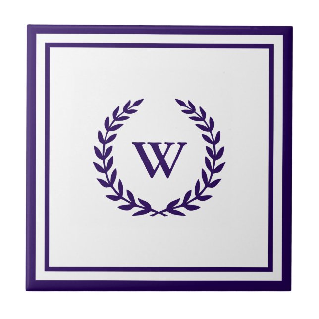 Monogram Elegant Navy Blue White Ceramic Tile (Front)