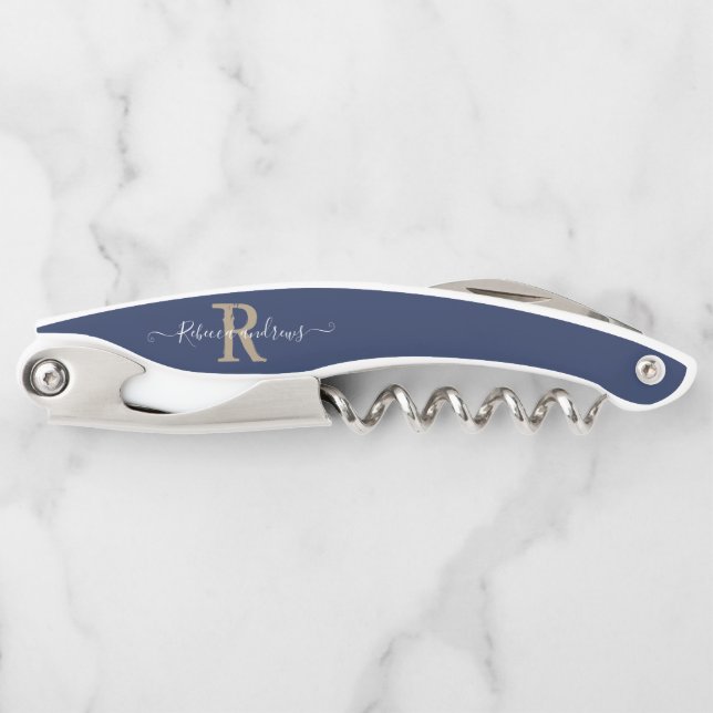 Monogram Elegant Navy Script Initial Name Corkscrew (Front)