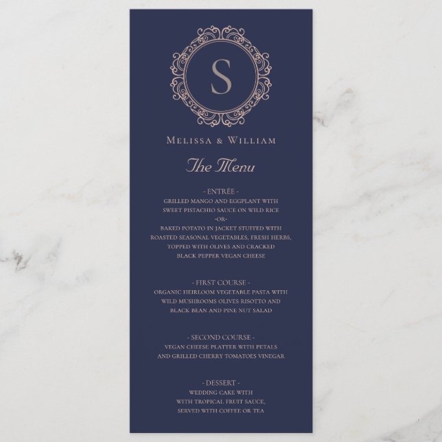 Monogram Elegant Navy Wedding Menu (Front)