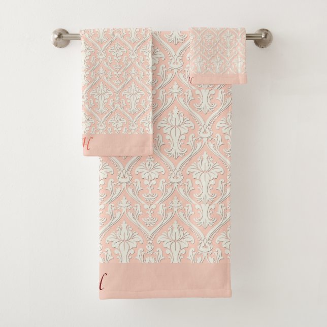 Monogram  Elegant Peach & White Damask Bath Towel Set (Insitu)