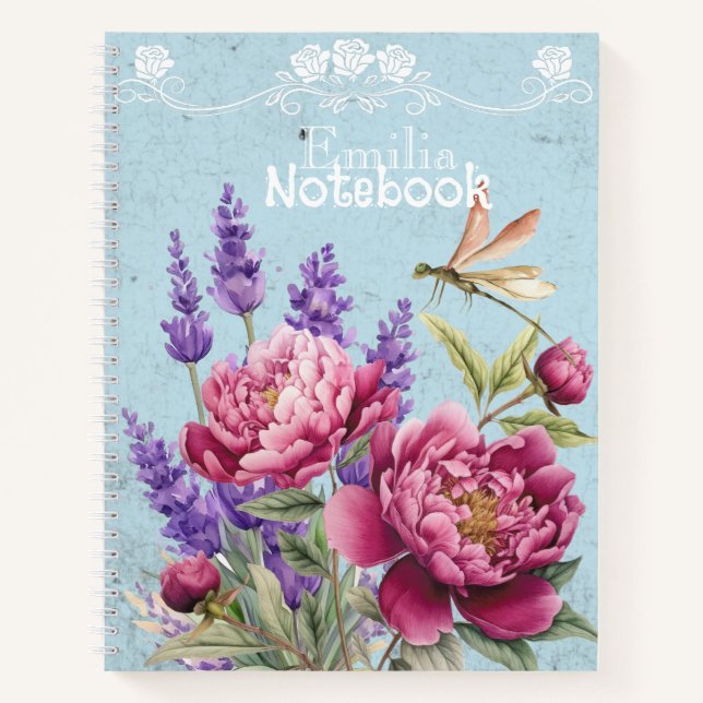 Monogram elegant peonies Lavender Blue Pink Purple Notebook (Front)