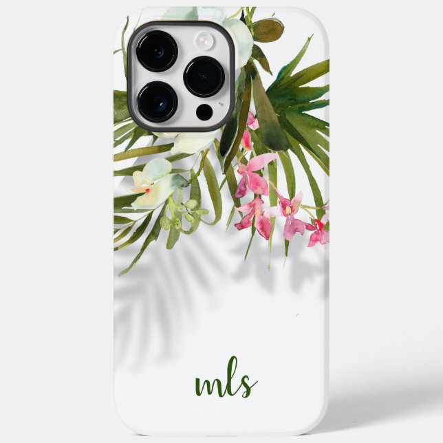Monogram Elegant Pink Floral Tropical Palm Shadows Case-Mate iPhone Case (Back)
