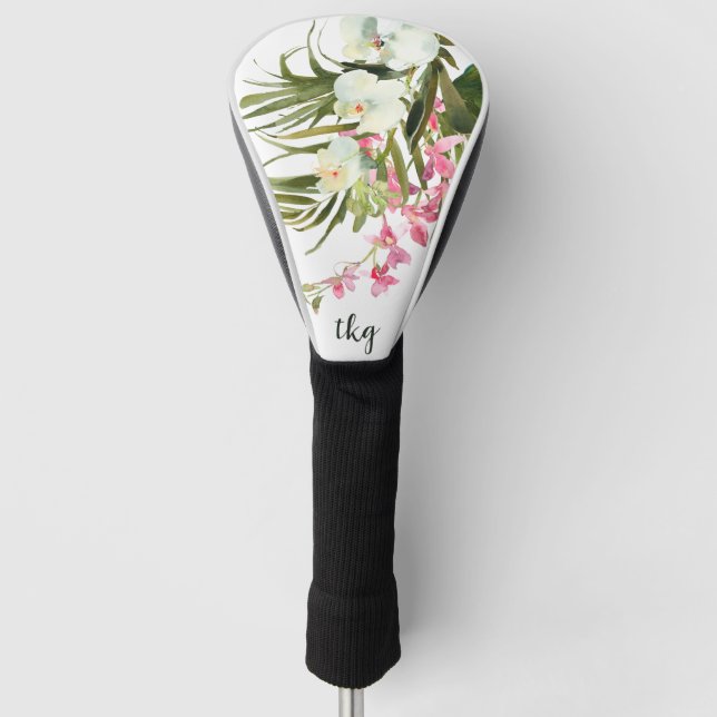 Monogram Elegant Pink Floral Tropical Palms Golf Head Cover (Front)