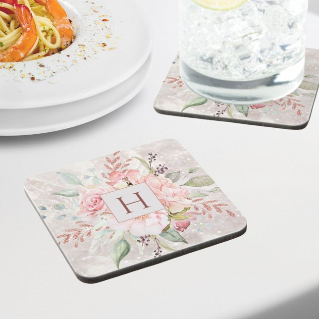 Monogram Elegant Pink Rose Peony Floral Marble Coaster (In situ)