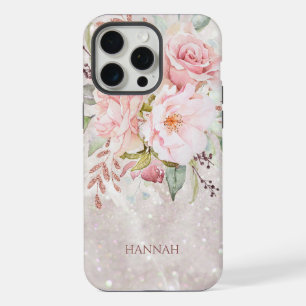 Monogram Elegant Pink Rose Peony Floral Marble iPhone 15 Pro Max Case