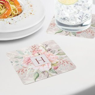 Monogram Elegant Pink Rose Peony Floral Marble Square Paper Coaster