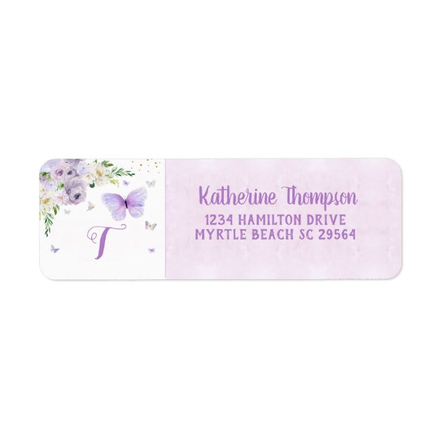 Monogram Elegant Purple Floral Butterflies Glitter (Front)
