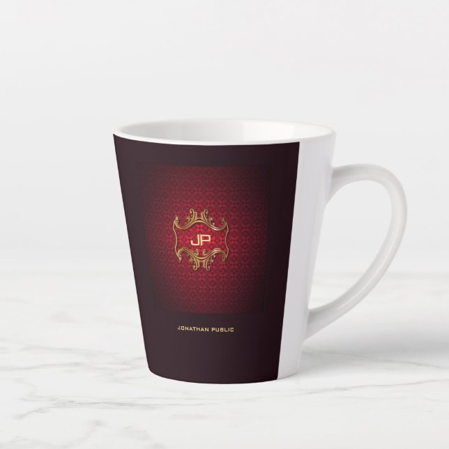 Monogram Elegant Red Damask Template Classic Latte Mug (Right)
