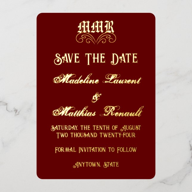 Monogram Elegant Red & Gold Save the Date (Front)