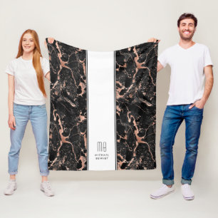 Monogram Elegant Rose Gold Black Marble Fleece Blanket