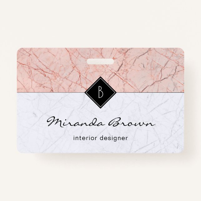 Monogram Elegant Rose Gold Grey Marble Badge (Front)
