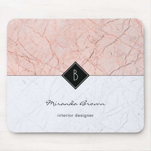 Monogram Elegant Rose Gold Grey Marble Mousepad (Front)