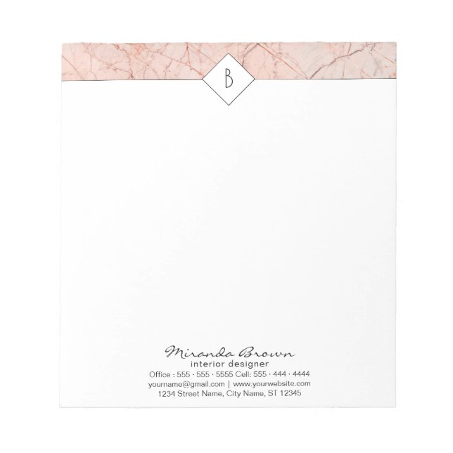 Monogram Elegant Rose Gold Marble Small Notepad (Front)