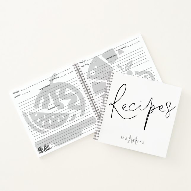 Monogram Elegant Script Black White Recipe Book (Inside)