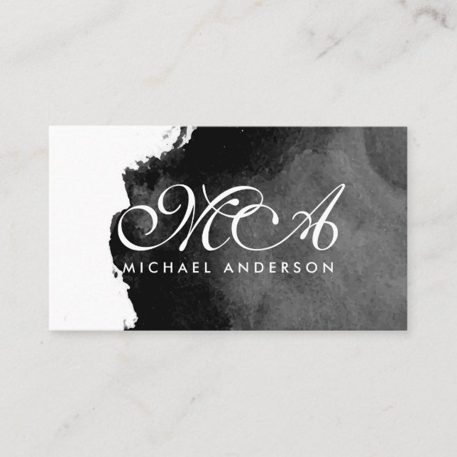 Monogram Elegant Script Ink Black Background Business Card (Front)