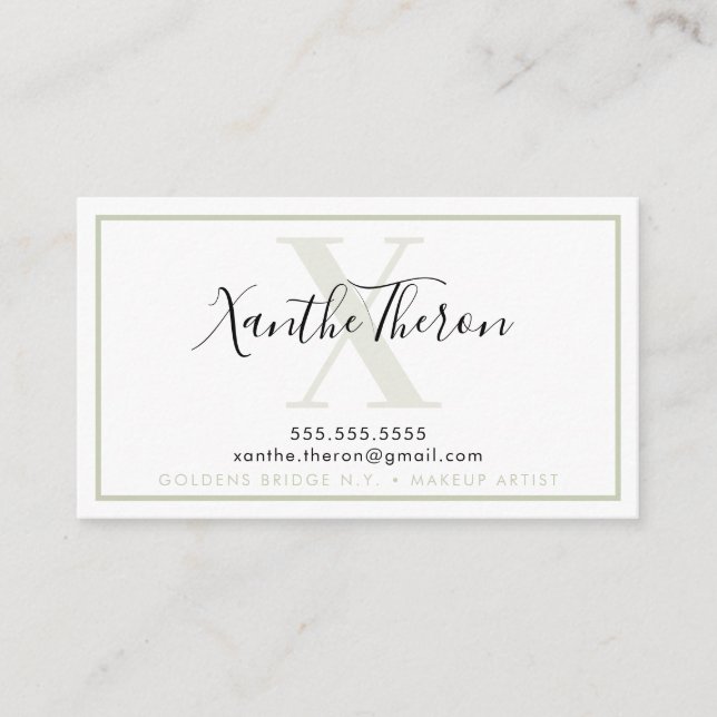 MONOGRAM elegant script modern minimal sage green Business Card (Front)