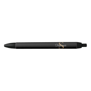 Monogram Elegant Script Name Black Gold Ink Pen