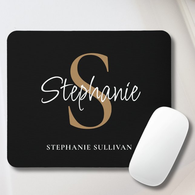 Monogram Elegant Script Name Black Gold  Mouse Pad (Creator Uploaded)