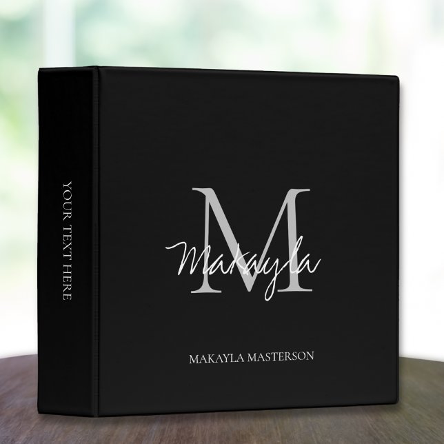 Monogram Elegant Script Office School Black Binder (Creator Uploaded)