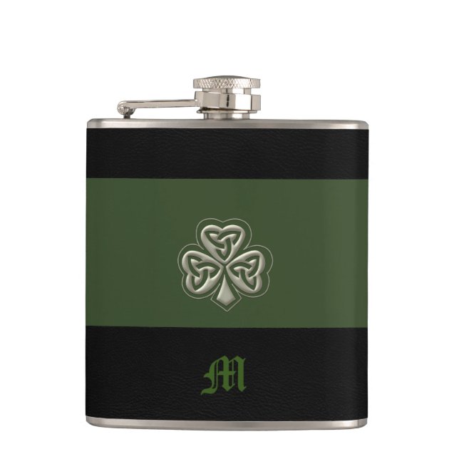 Monogram Elegant trendy lucky Irish shamrock Hip Flask (Front)