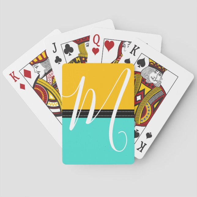Monogram Elegant Turquoise & Amber Solid Colour Playing Cards (Back)