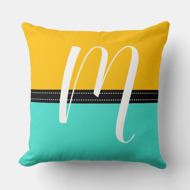 Monogram Elegant Turquoise & Amber Solid Colour Throw Pillow (Front)