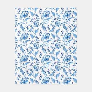 Monogram Elegant Vintage Blue Floral Pattern Fleece Blanket