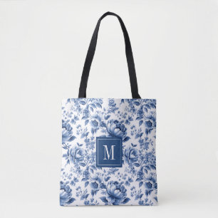 Monogram Elegant Vintage Blue White Floral Pattern Tote Bag