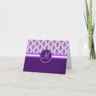 Monogram Elegant Vintage Purple and White Damask Note Card