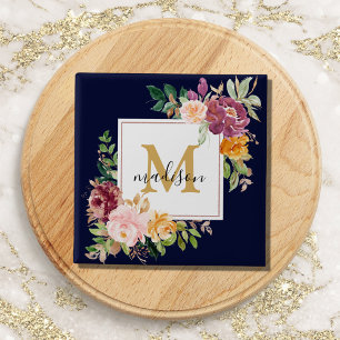 Monogram Elegant Watercolor Rose Floral Botanical 2 Inch Square Button