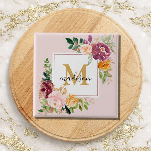 Monogram Elegant Watercolor Rose Floral Botanical 2 Inch Square Button