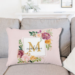 Monogram Elegant Watercolor Rose Floral Botanical Accent Pillow