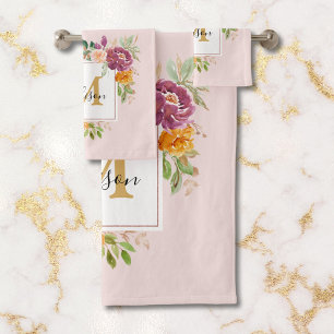 Monogram Elegant Watercolor Rose Floral Botanical Bath Towel Set