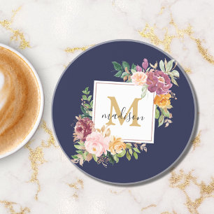 Monogram Elegant Watercolor Rose Floral Botanical Coaster