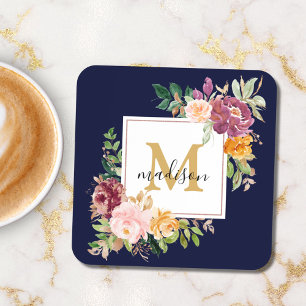 Monogram Elegant Watercolor Rose Floral Botanical Coaster