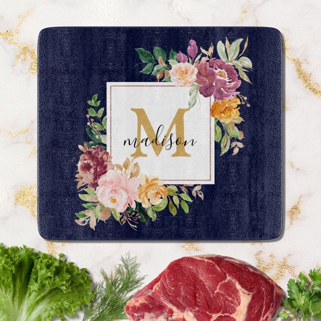 Monogram Elegant Watercolor Rose Floral Botanical Cutting Board (In situ)