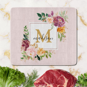 Monogram Elegant Watercolor Rose Floral Botanical Cutting Board