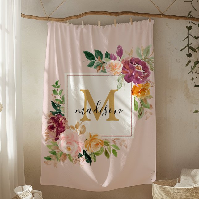 Monogram Elegant Watercolor Rose Floral Botanical Fleece Blanket (In situ)