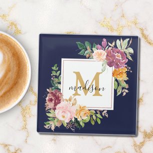 Monogram Elegant Watercolor Rose Floral Botanical Glass Coaster