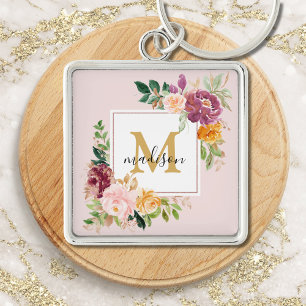 Monogram Elegant Watercolor Rose Floral Botanical Keychain