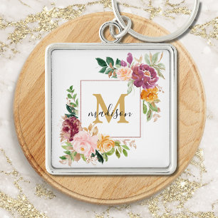 Monogram Elegant Watercolor Rose Floral Botanical Keychain