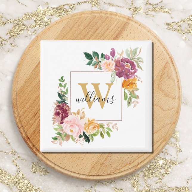 Monogram Elegant Watercolor Rose Floral Botanical Magnet (In situ)